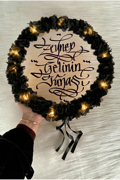 ZEYMERADE Siyah Ledli Şeffaf Gelin Tefi 32cm, 3d Çiçek Süslemeli, Düğün Sünne...