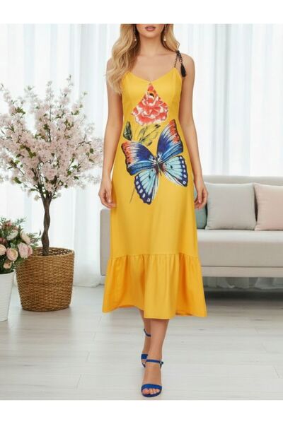 Iuliashop Rochie midi galbenă Laurena cu fluture - S