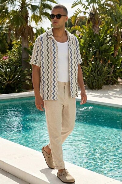 MADZEYMODA Indigo Zigzag Striped Men's Retro Patterned Ecru Short Sleeve Knit...