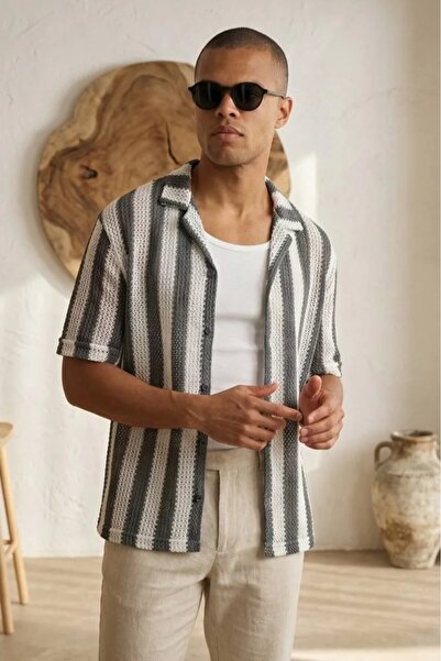 MADZEYMODA Men's Jacquard Ecru-Grey Short Sleeve Knitwear Shirt Ls-19230