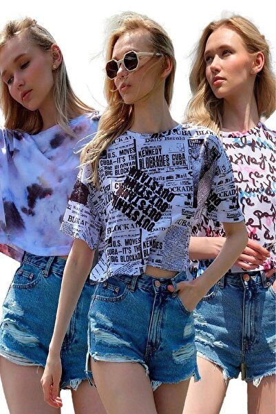 ALDAGÖR Women's 3-Piece Printed Crop T-Shirt