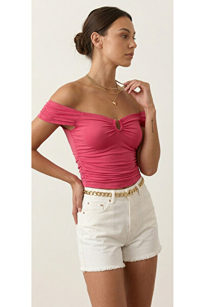 By Caspita Fashion Γυναικεία μπλούζα Lenithra με ανοιχτούς ώμους, με μαζευτικ...