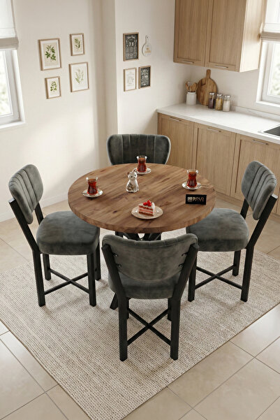 GOLDFALEZ Mutfak Masası 4 Sandalyeli Set 90 Çap Yuvarlak Cafe Balkon Ofis Mas...