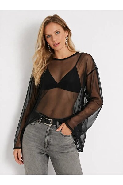 Cool & Sexy Μακρυμάνικη Διαφανής Μπλούζα από Τούλι – Μαύρη Μπλούζα σε Oversiz...