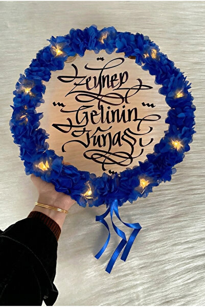 ZEYMERADE Saks Mavi Ledli Şeffaf Gelin Tefi 32cm, 3d Çiçek Süslemeli, Düğün S...