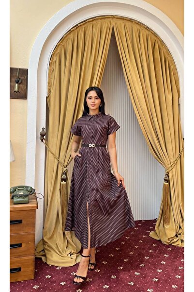 Moda Palmiss Γυναικείο φόρεμα με γιακά πουκάμισου, καφέ πουά, με ζώνη, μήκους...