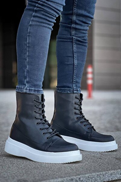 Ayakkabium Ayk-0991 Premium Black and White High Sole Lace-Up Boots
