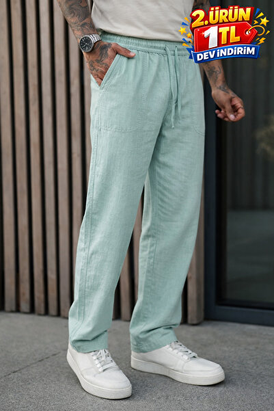 DAMGA JEANS Ανδρικό παντελόνι από λινό σε σκούρο πράσινο χρώμα, Premium Jogge...