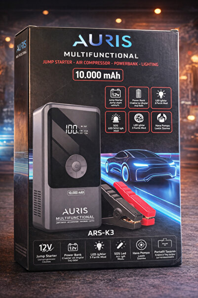 Auris ARS-K3 10000 mAh Akü Takviye Cihazı Hava Kompresörü Powerbank 12V Araç Jump Starter