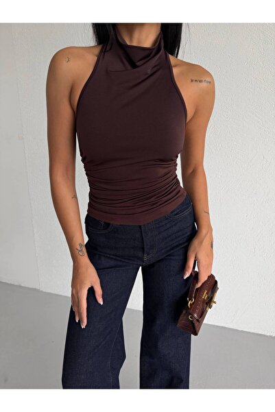 QUTTA Γυναικεία μπλούζα από ύφασμα Sandy, σε έντονο καφέ χρώμα, με λαιμόκοψη ...