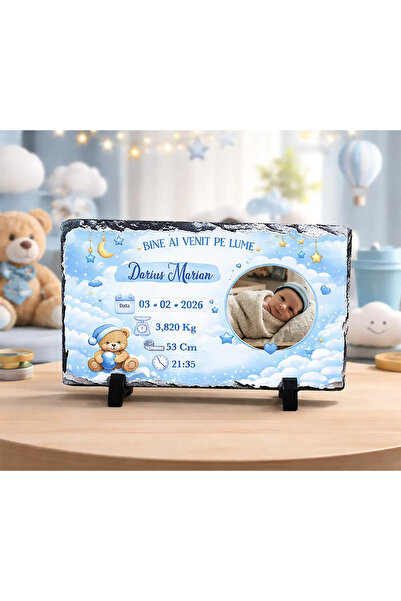 peGiftuiala Placă Ardezie Personalizată cu Poză și Date Naștere Bebe – Băiețel