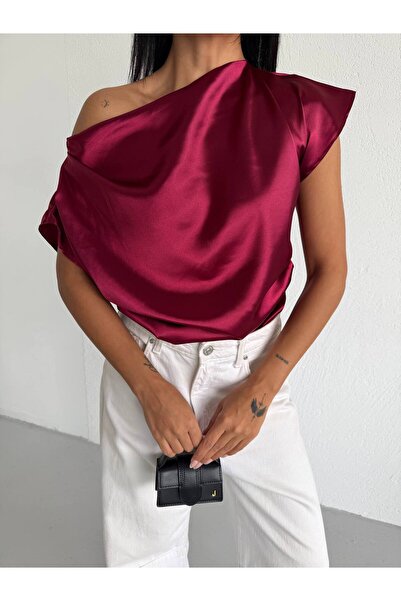 QUTTA Γυναικεία μπλούζα σατέν μπορντό με κοντό μανίκι και ανοιχτούς ώμους