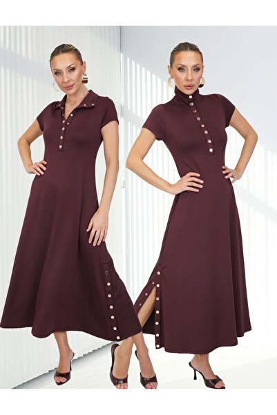 QİMYA BUTİK BUKETLİ Γυναικείο Φόρεμα με Όρθιο Γιακά και Λεπτομέρεια με Κουμπι...