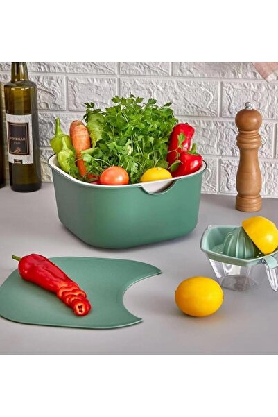 5 Parça Çok Amaçlı Set - Karıştırma Kabı / Süzgeç / Kesme Tahtası / Limon Sıkacağı - Yeşil