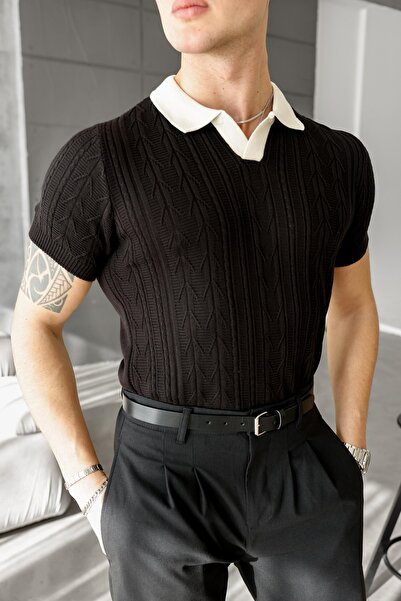 viyamen Ανδρικό πλεκτό βαμβακερό μπλουζάκι πόλο με πλεκτή λεπτομέρεια