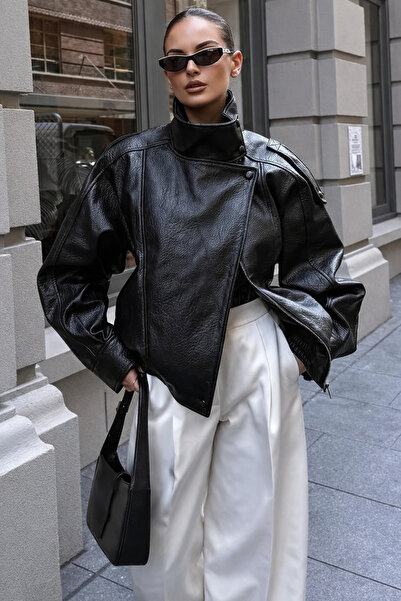 çerme Zr Model Oversize High Collar Leather Jacket