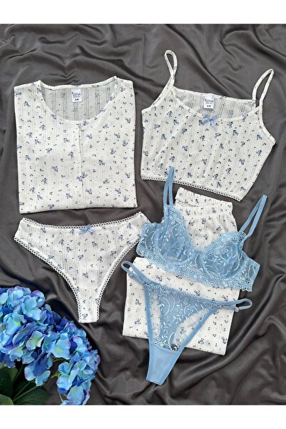 Lena Homewears Γυναικείο σετ πιτζάμες 6 τεμαχίων από βαμβάκι με σχέδιο τριαντ...