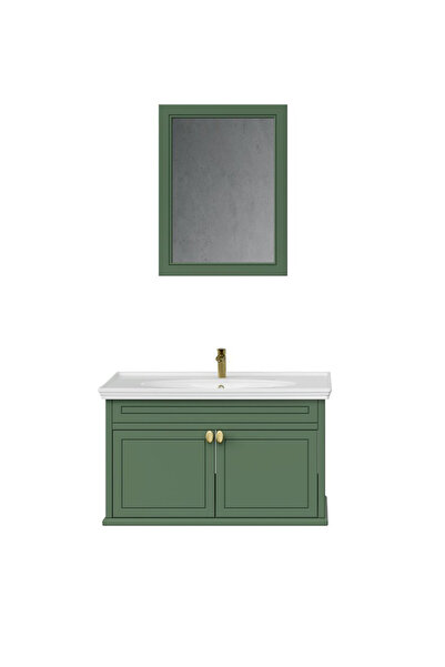 Creavit Antik Kapaklı 100 Cm Zeytuni Lavabo Dolabı İkili Set