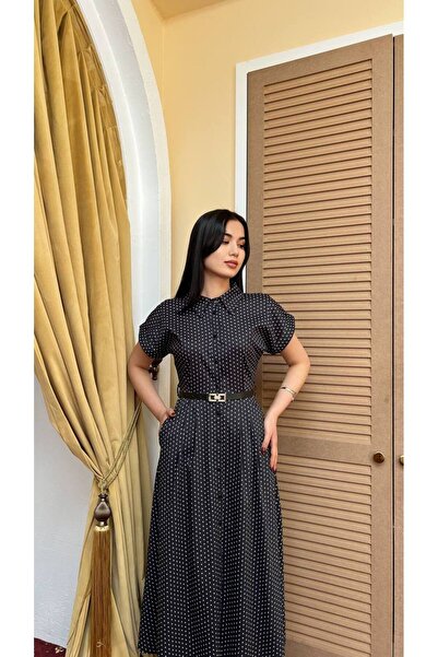 Moda Palmiss Γυναικείο μαύρο πουά φόρεμα με ζώνη, μήκους μίντι, με κουμπιά κα...