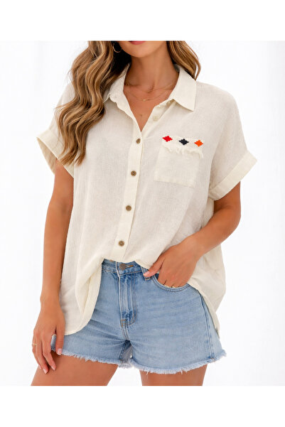 Yena Tekstil قميص نسائي مطرز يدويًا بتفاصيل من قماش الشيلي