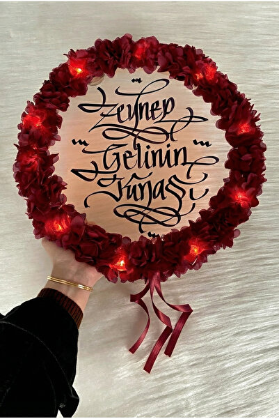 ZEYMERADE Bordo Ledli Şeffaf Gelin Tefi 32cm, 3d Çiçek Süslemeli, Düğün Sünne...