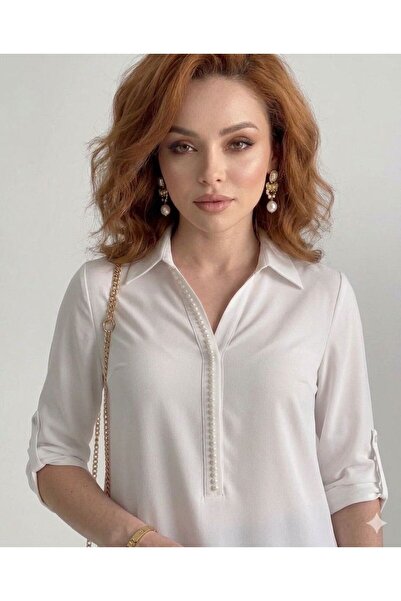 tülaybutik قميص نسائي أنيق بأزرار وتفاصيل من اللؤلؤ الأبيض