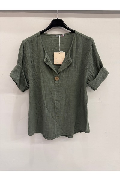 della moor Γυναικεία Χακί Ιταλική Μπλούζα με Ανοιχτό Γιακά και Μισό Μανίκι, Μ...