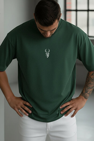 Millionaire Ανδρικό μπλουζάκι Nefti Green Deer με στάμπα, Oversize Fit, Φαρδι...