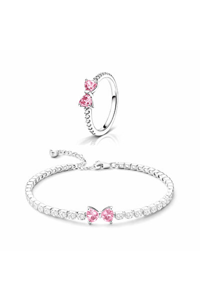Belora Σετ βραχιόλι και δαχτυλίδι από ασήμι 925 με ροζ φιόγκο