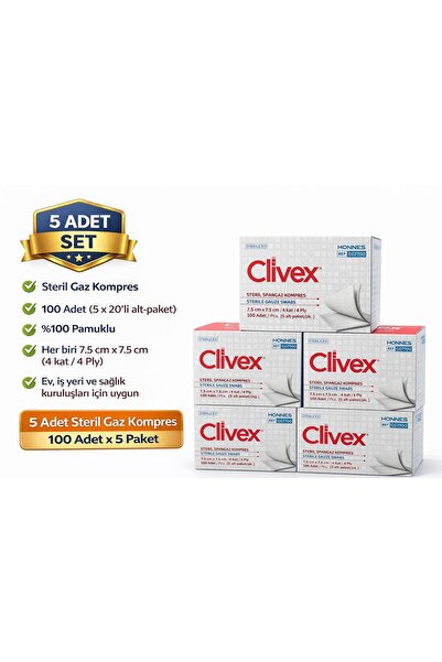 CLİVEX Steril Gaz Kompres 7,5x7,5 cm 4 Kat 500 Adet (5 Kutu x 100’lü) %100 Pa...