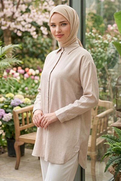 hafsamina Oversize Linen Shirt Beige Hm2904