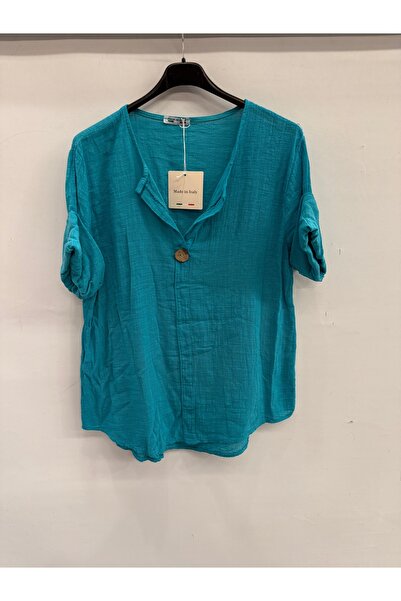 della moor Γυναικεία Τυρκουάζ Ιταλική Μπλούζα με Ανοιχτό Γιακά και Μισό Μανίκ...