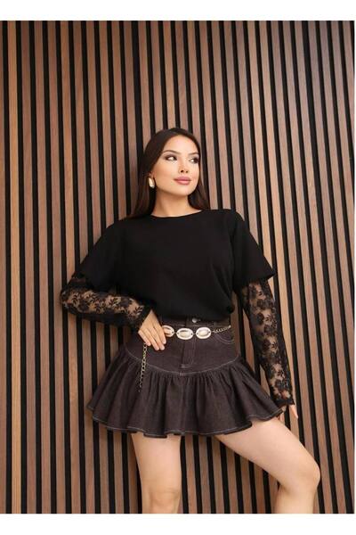 By Kuzey Aras Κομψό Σχέδιο Μπλουζάκι με Δαντελένιο Σχέδιο στα Μανίκια - Μοντέ...