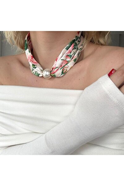 Alice İsstanbul Pembe Gül Desenli İncili Fular Kolye