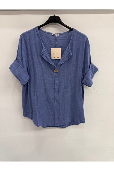 della moor Γυναικεία Μπλούζα Μπλε Ιταλική με Ανοιχτό Γιακά και Μισό Μανίκι Ov...