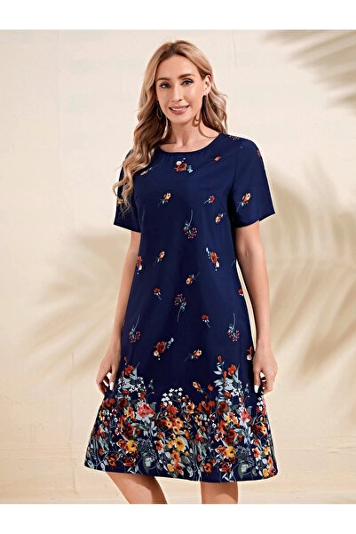 Iuliashop Rochie scurtă Basilia albastru marin cu imprimeu floral - S