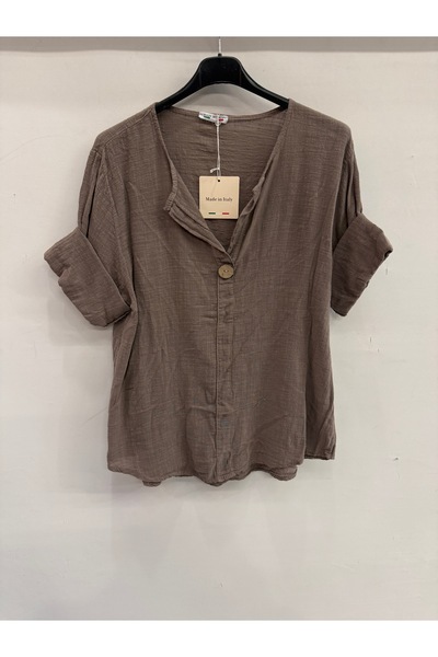della moor Kadın Vizon İtalyan Açık Yaka Yarım Kol Oversize Bluz 40 - 44 Beden