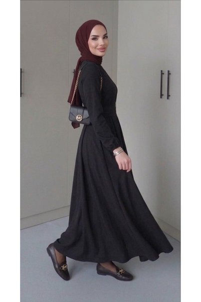 Gülmude Cool Stretchy Fabric, Waist Belted, Zippered Back, Pleated, Seasonal, Sweat-Proof, Stylish, Hijab Dress, Evening Dress
