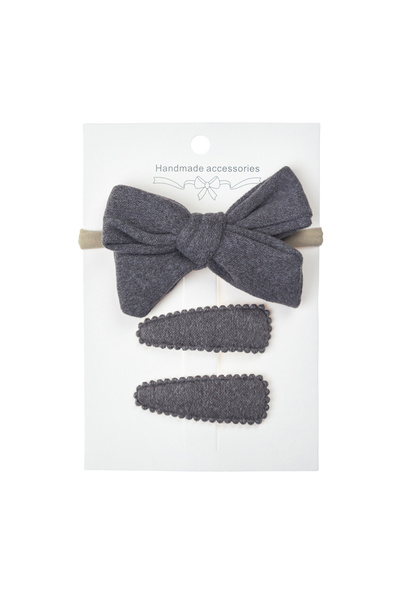 MiniKids Σετ από δύο κλιπ μαλλιών και μια κορδέλα με γκρι φιόγκο