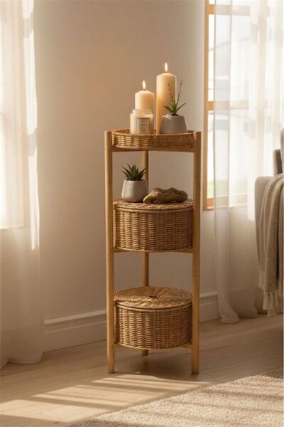 Bayev Mesa Rattan 3 Katlı Ayaklı Tepsili Dekoratif Sepet - Hasır Sebzelik Sak...