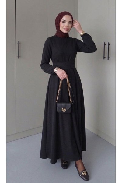 Gülmude Cool Stretchy Fabric, Waist Belted, Zippered Back, Pleated, Seasonal, Sweat-Proof, Stylish, Hijab Dress, Evening Dress
