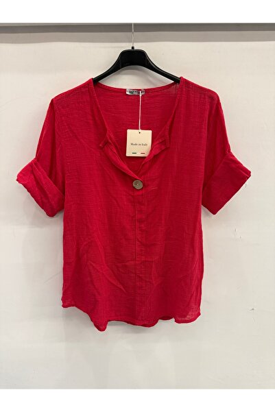 della moor Kadın Kırmızı İtalyan Açık Yaka Yarım Kol Oversize Bluz 40 - 44 Beden