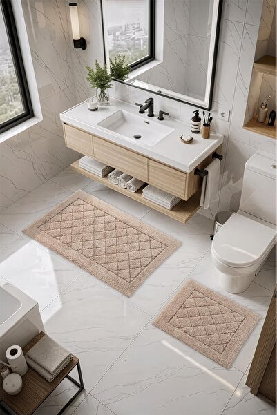 Cotto Home Set de 2 covorașe de baie din bumbac Lilly, textură moale, bej, la...