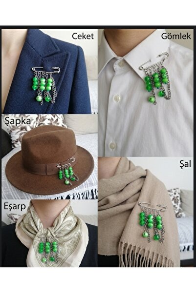 AYFAACCESSORIES Yeşil Doğal Taş Görünümlü Zincir Detaylı Çengelli İğne Broş