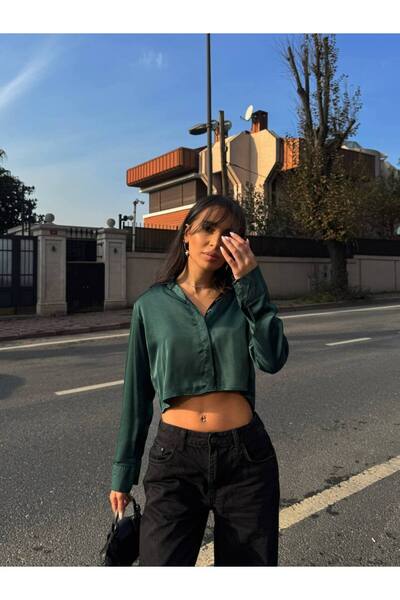 LB Laluna Butik Γυναικείο σατέν πουκάμισο crop