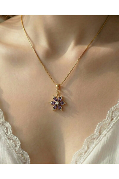 Gleemy accesories Altın Kaplama Mor Lotus Çiçeği Kolye – İnce Zarif Çelik Zin...