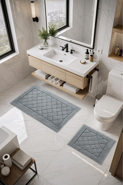 Cotto Home Set de 2 covorașe de baie din bumbac Lilly, textură moale, gri, la...