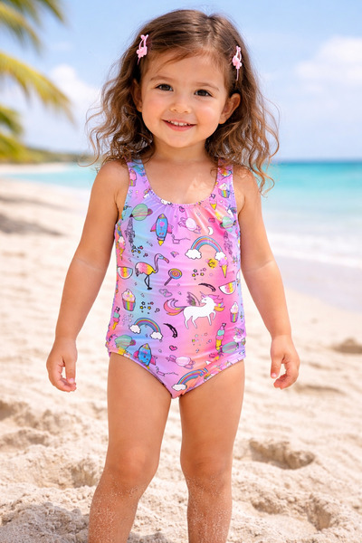 ues Κοριτσίστικο μαγιό με σχέδιο ουράνιο τόξο και μονόκερο