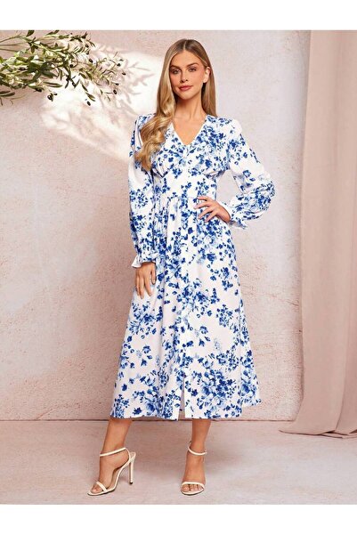 Iuliashop Rochie midi Azura albă cu imprimeu floral albastru - S
