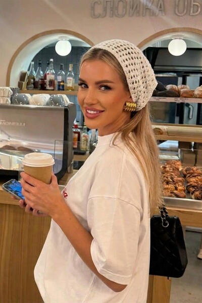 BAHELS Kadın Ekru File Model Bandana, Örgü Bandana